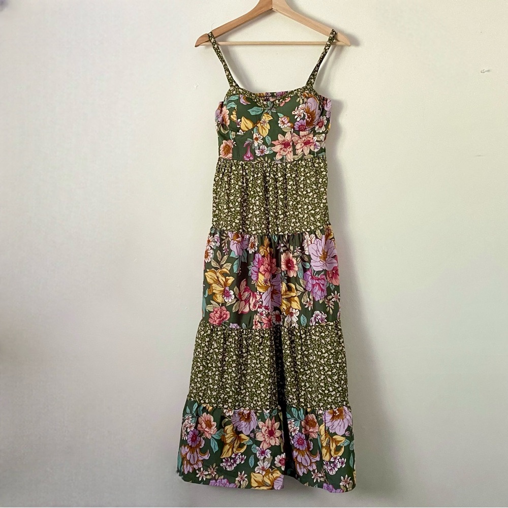 Olive Green Floral Maxi Dress with Tiered Skirt - Picture 2 of 11